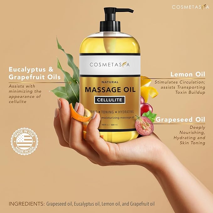 Cellulite Massage Oil, Gel & Mitt - Natural Hot Cream Massage Gel, Oil & Massager - Firm, Tone, Tighten & Moisturize Skin. Soothes Muscles (16.9 oz)