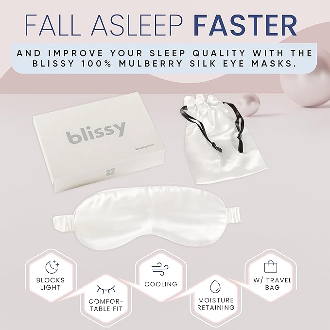 Blissy Silk Sleep Mask - Silk Eye Sleeping Mask for Women & Men for Total Blackout - 100% Pure Mulberry Silk, 22 Momme 6a Fibers - Blindfold Silk Sleep Mask Side Sleeper Eye Cover (White)