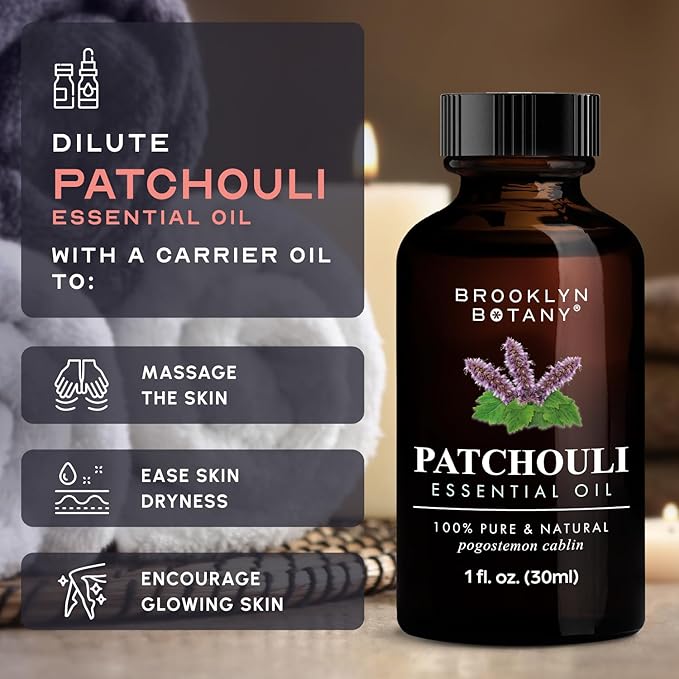Brooklyn Botany Patchouli Essential Oil – 100% Pure and Natural – Premium Grade Oil with Dropper - for Aromatherapy and Diffuser - 1 Fl Oz
