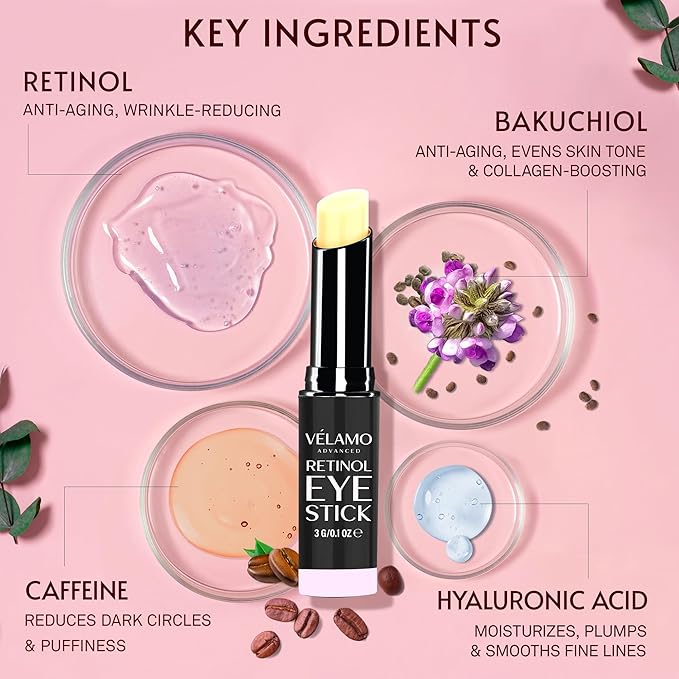 VELAMO ADVANCED Retinol Eye Stick: Retinol Eye Cream for Dark Circles and Puffiness with 1% Bakuchiol and Caffeine - Visibly Reduces Fine Lines Wrinkles Under Eye Bags with Upgraded Formula 0.1 OZ/3g