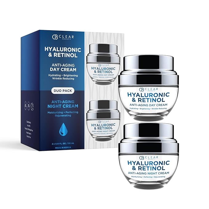 Hyaluronic Acid & Retinol Day/Night Moisturizer Set - Dermatologist Tested, Anti-Aging, Hydrating Fine Lines & Wrinkles, Clean Beauty, Cruelty-Free Korean Skin Care - 1.69oz (2 Pack)