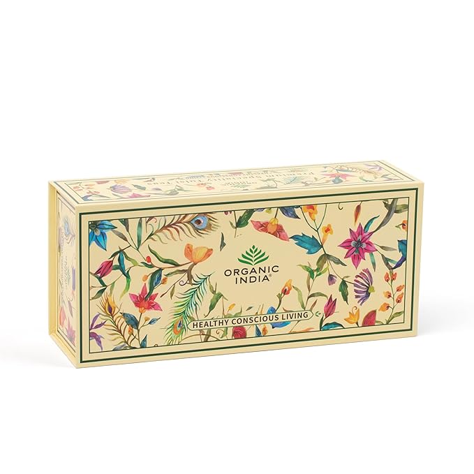 Organic India Tea Sampler Box Variety Pack - Tulsi Herbal Tea Gift Set, Hot Tea Assortment, Holy Basil, Ashwagandha, Turmeric Ginger, Sweet Rose, Original, Sleep, Masala Chai - 60 Tea Bags