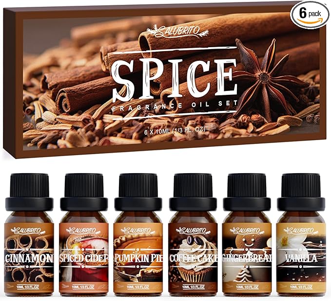 SALUBRITO Spice Fragrance Oils Set, Premium Essential Oils Set for Diffuser, Candle, Soap Making, Warm Fall Scented Oil, Cinnamon, Spiced Cider, Pumpkin Pie, Coffee Cake, Gingerbread, Vanilla