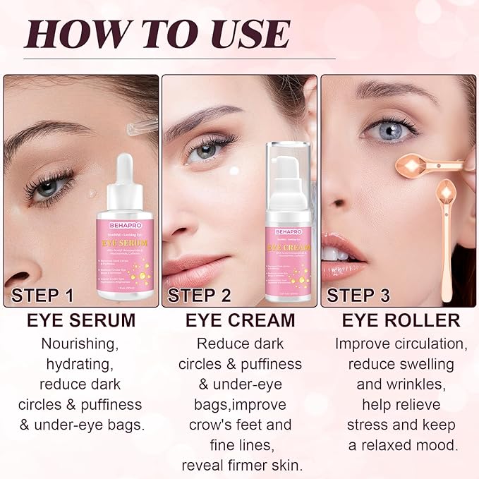 Caffeine Eye Cream,Dark Circles Under Eye Treatment For Puffiness And Bags Under Eyes Wrinkles Dark Circles w/Eye Serum & Eye Roller,Eye Cream Eye Care,Eye Bag Remover Puffy Eyes Treatment Products