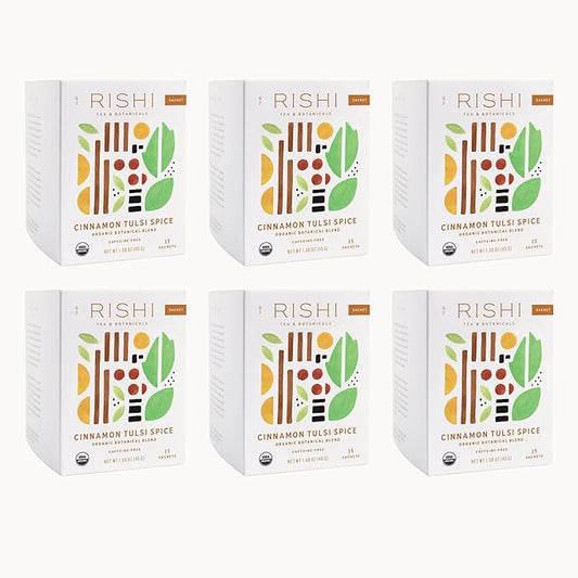 Rishi Tea Cinnamon Tulsi Spice Herbal Tea - Organic, Caffeine Free Sachet Bags, Warming & Naturally Sweet Botanical Blend - 15 Count (Pack of 6)