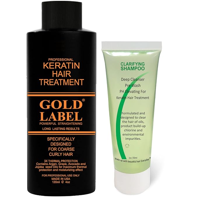 GOLD LABEL Brazilian Keratin Blowout Hair Treatment Super Enhanced Winning Formula All Hair Types & Colors Incl Blondes, Bleached, Coarse, Curly, Black African, Dominican Brazilian (4oz Kit)