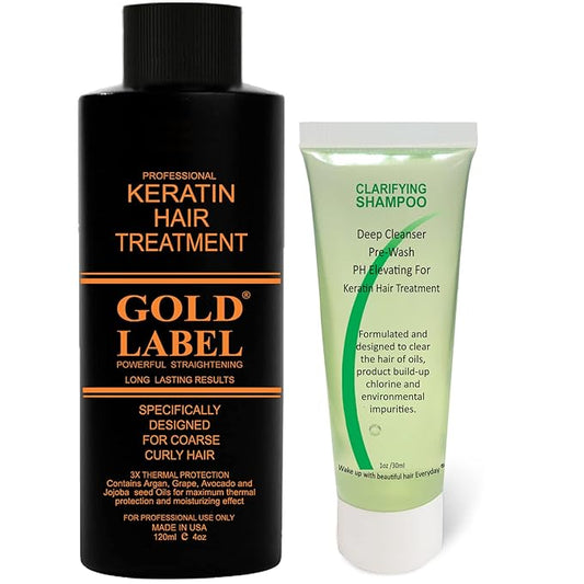 GOLD LABEL Brazilian Keratin Blowout Hair Treatment Super Enhanced Winning Formula All Hair Types & Colors Incl Blondes, Bleached, Coarse, Curly, Black African, Dominican Brazilian (4oz Kit)