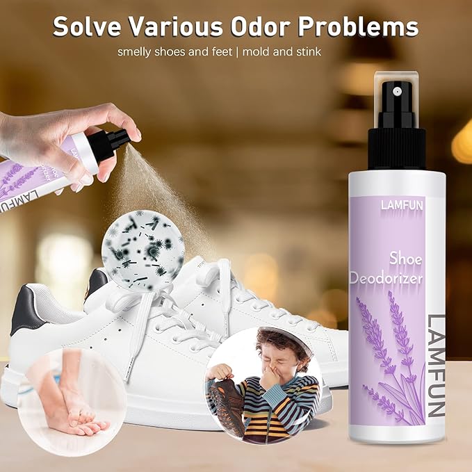 Shoe Odor Eliminator, Lamfun Deodorant Spray for Stinky Sneakers or Smelly Feet, Natural Shoe Deodorizer and Foot Deodorant Fight All Odors, Lavender, 150ml