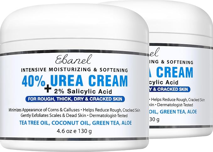 Ebanel Urea Cream 40% plus Salicylic Acid 2%, Foot Cream for Dry Cracked Heels Feet Knees Elbows Hands, Foot Dead Skin Cuticle Callus Remover Toenail Softener, Keratolytic Skin Barrier Repair, 2-Pack
