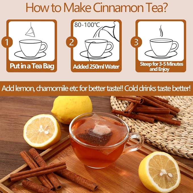 Premium 100 Pure Ceylon Cinnamon Tea Bags, Made with 100% Ceylon Cinnamon Sticks, No Additives & Caffeine Free.