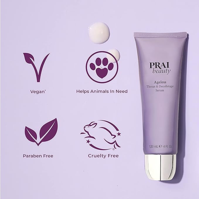 PRAI Beauty Ageless Throat & Decolletage Serum for Instantly Ageless Neck | Neck Firming and Tightening Serum | Anti-Aging Serum that Shields Skin from Damage and Improves Skin Tone + Colour | 4 Oz