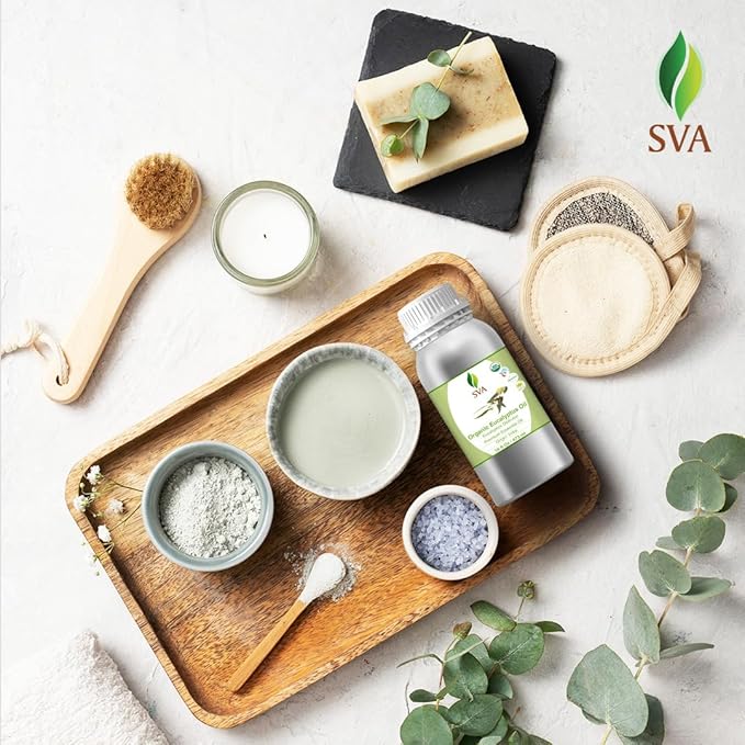 SVA Eucalyptus Essential Oil Organic – 16 Fl Oz – 100% Natural Organic Eucalyptus Oil for Hair, Face, Skin Care, Diffuser, Aromatherapy, Scalp, Body Massage, Soap and Candle Making