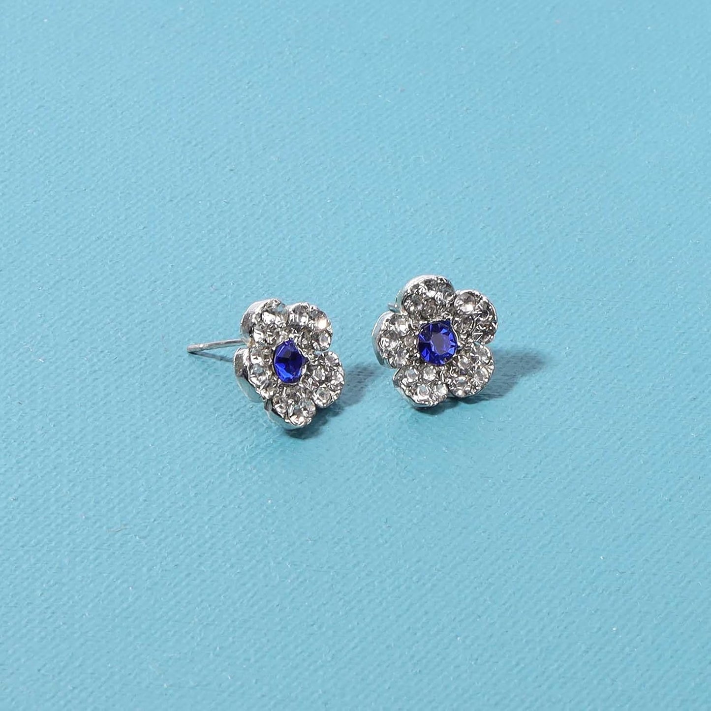 Boho CZ Flower Studs Earrings Silver Crystal Earrings Blue Flower Earrings Studs Wedding Earrings Jewelry for Women and Girls