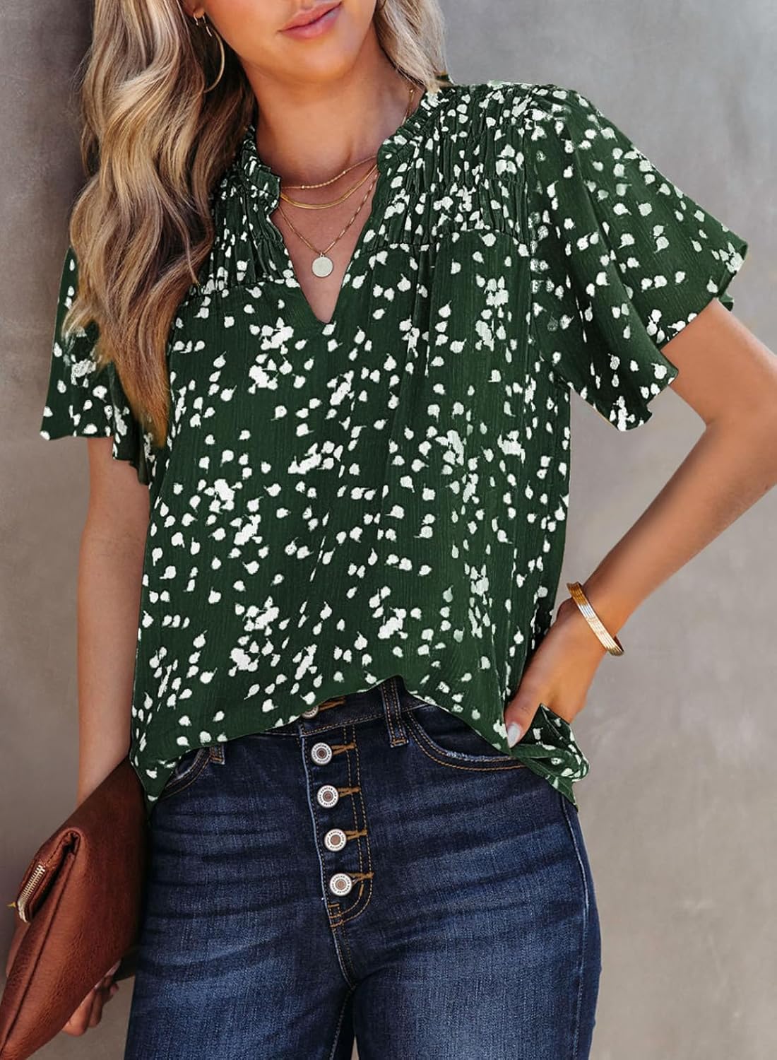 SHEWIN Women's Casual V Neck Floral Print Smocked Short Sleeve Chiffon Blouses Bohemian Top Shirts