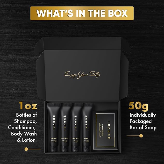 Infuse Black Amenity Kit | Hotel Bulk Toiletries | 1 oz Shampoo, Conditioner, Lotion, Body Wash, Cleansing Bar Soap for Guest Hospitality Vacation Rentals | 1 Set/Case