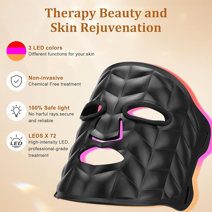 Hotodeal LED Face Mask Light Therapy,3 Colors Light Therapy for Skin Rejuvenation Anti-aging Beauty Red Light Therapy,Silicone Material LED Mask Foldable for Easy Carrying,Leather Version