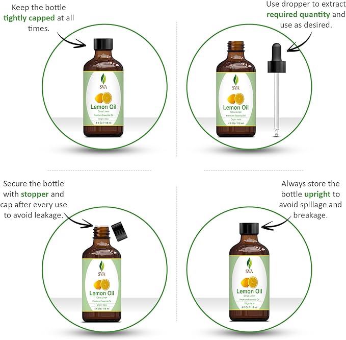 SVA Lemon Essential Oil – 4 Fl Oz – 100% Natural Lemon Oil - for Diffuser, Hair Care, Face, Skin Care, Aromatherapy, Scalp and Body Massage, Soap and Candle Making – with Dropper
