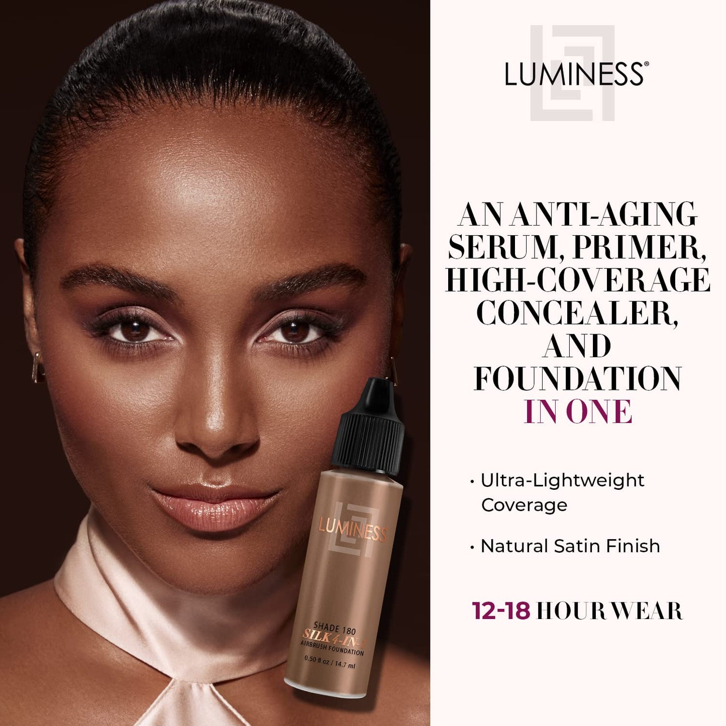 Luminess Air Silk 4-In-1 Airbrush Foundation- Foundation, Shade 180 (.5 Fl Oz) - Sheer to Medium Coverage - Anti-Aging Formula Hydrates and Moisturizes - Professional Makeup Kit for Cordless Air Brush