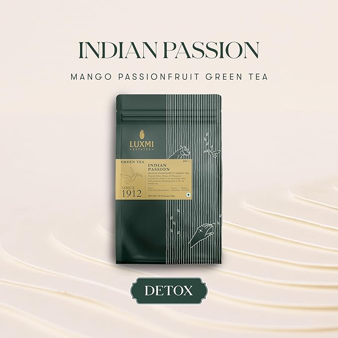 Luxmi Estates - Indian Passion - Organic Mango Passion Fruit Green Tea - 50 Tea Bags | With Mango & Passion Fruit | Brew as Iced Tea or Hot