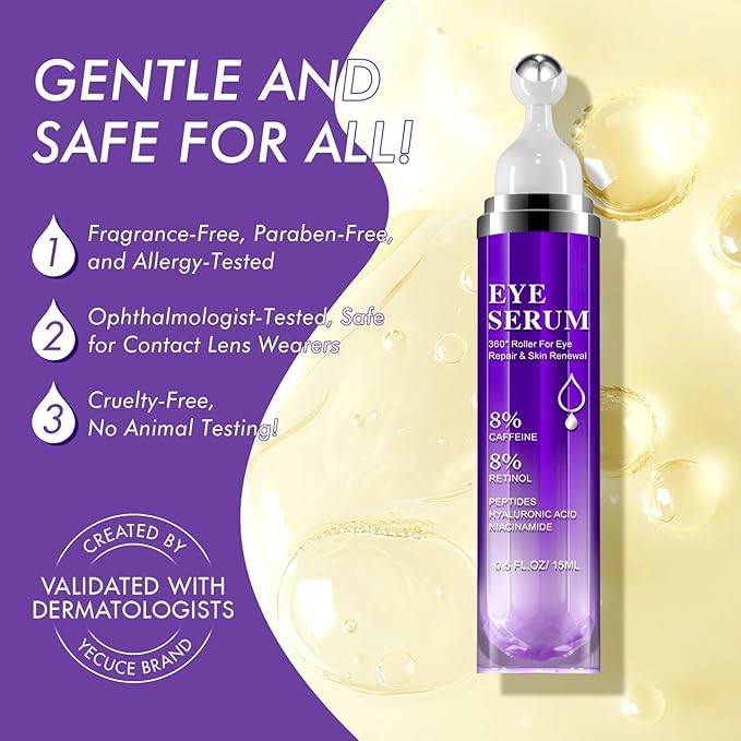 Under Eye Roller Serum|5% Caffeine 5% Retinol Eye Cream for Dark Circles, Puffiness and Bags, Puffy Bags Fine Lines Wrinkles, 360° Massage Ball Cream, 8% Hyaluronic Acid Serum