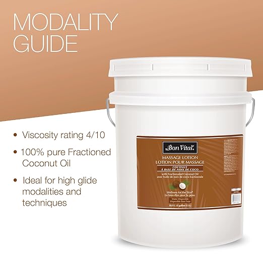 Bon Vital' Coconut Massage Lotion with 100% Pure Fractionated Coconut Oil, Lightweight Massage Lotion, Provides a Massage with Intense Skin Hydrating and Moisturizing, 5 Gal, Label may Vary