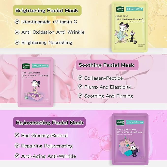 Face Masks Skincare Set for Girl,Moisturizing Collagen Facial Masks for Women Home Spa,Hyaluronic Acid Face Mask for All Skin Types,Day Night Facial Mask Hydrating,Deep Cleaning,Oil Contral(18Pack)
