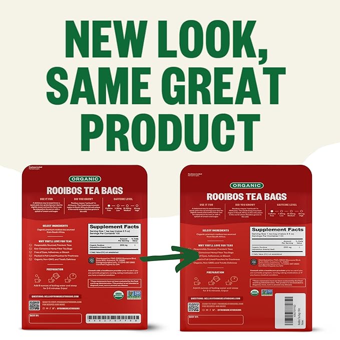 FGO Organic Rooibos Tea, 100 Count, Eco-Conscious Tea Bags, Caffeine Free, Packaging May Vary (Pack of 1)