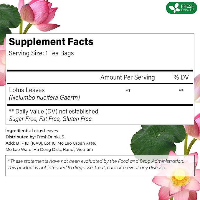 FreshDrinkUS, Premium 30 Lotus Leaf Tea Bags, 100% Natural & Pure from Lotus Leaves. Loose Leaf Lotus Herbal Tea. Made with Eco-Conscious Tea Bags. No Sugar, No Caffeine, No Gluten, Vegan.