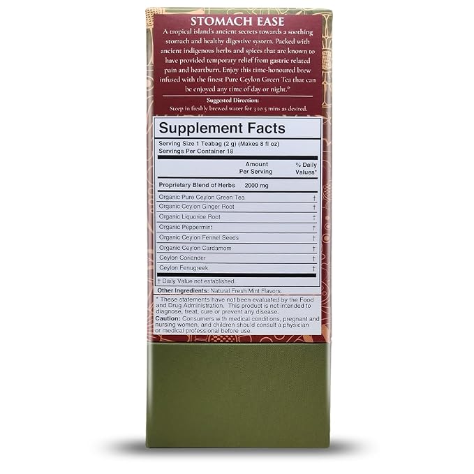Térapy Ceylon Stomach Ease Herbal Tea Bags | Soothes Stomach & Supports Healthy Digestion | All Natural Ayurvedic Ingredients Including Peppermint, Ginger, Licorice | 18 Individually Wrapped Tea Bags