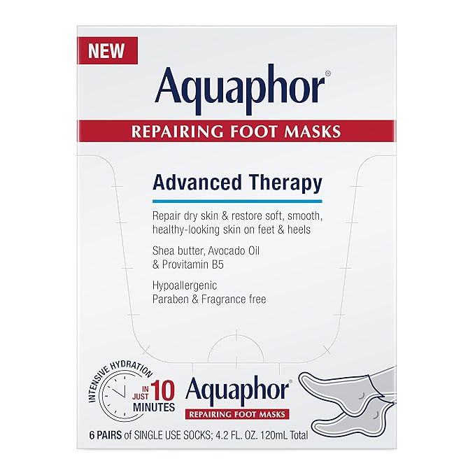 Aquaphor Repairing Foot Masks, Moisturizing Socks for Dry Feet with Avocado Oil and Shea Butter, Pedicure Supplies and At Home Spa Gifts for Mom, Pack of 6