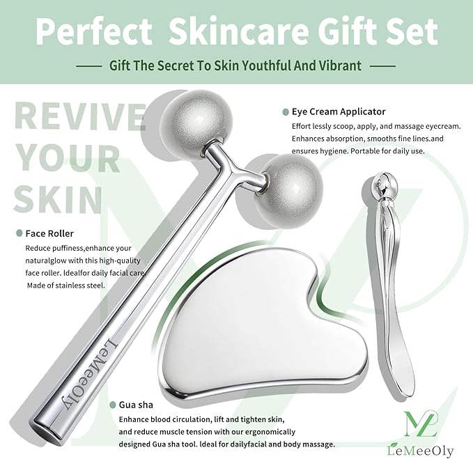 Gua Sha Facial Tools Stainless Steel & Face Roller Massager Skin, Facial Massage Skin Care for Face Neck Body, Reduce Puffiness Remove Wrinkles, Valentines Gift for Women