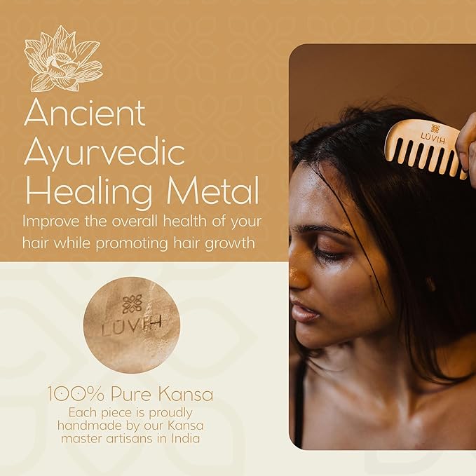 LUVIH The Crown Kansa Comb - Relaxing Scalp Massager for Detangling and Promoting Hair Growth, Travel-friendly Hair Styling Tool for Men & Women
