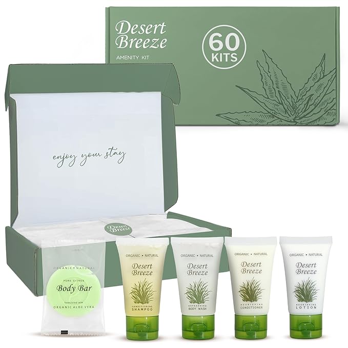 Desert Breeze Amenity Kit | Boxed Hotel Toiletries Bulk Set | 1 oz Shampoo, Conditioner, Lotion, Body Wash & Body Bar Soap | 60 Sets per Case