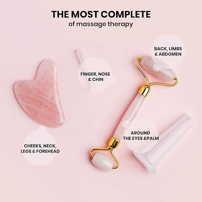 ROSELYNBOUTIQUE Gua Sha Facial Tools & Face Roller for Wrinkless Natural Skincare Tool Jade Roller Guasha Tool for Face Facial Massager (Rose Quartz - Pink)