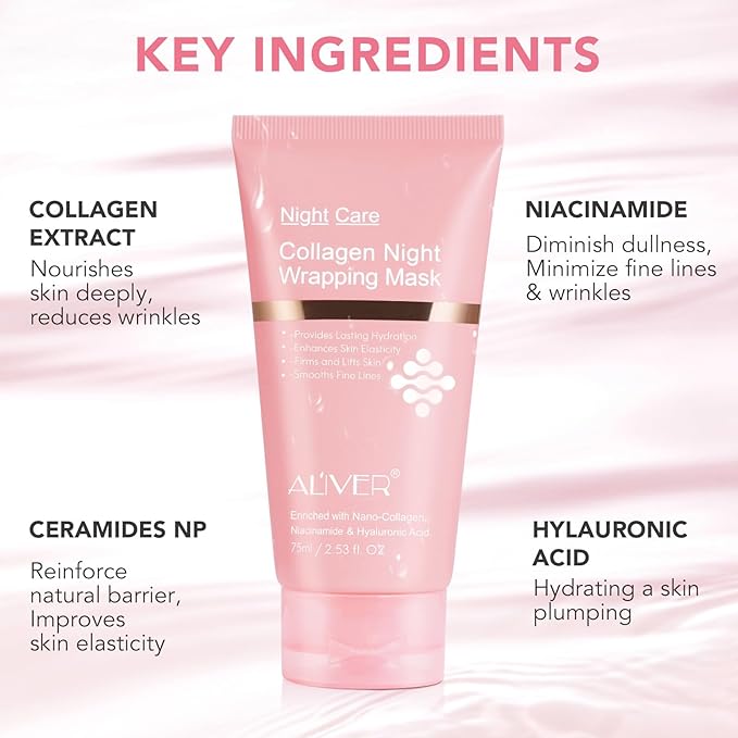 Collagen Night Wrapping Mask, Peel Off Face Mask with Jelly Brush, Jelly Masks for Facials Professional Korean Skin Care, Elasticity & Hydration Care Overnight Collagen Mask for Women - 2.53 oZ