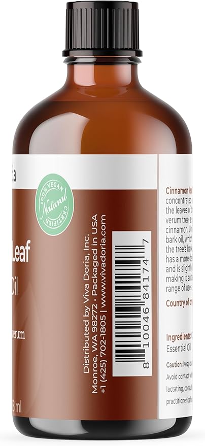 Viva Doria Cinnamon Leaf Essential Oil, 100% Pure, Natural Cinnamon Essential Oil, Undiluted, for Aromatherapy | Food Grade, 118 mL (4 Fluid Ounce)