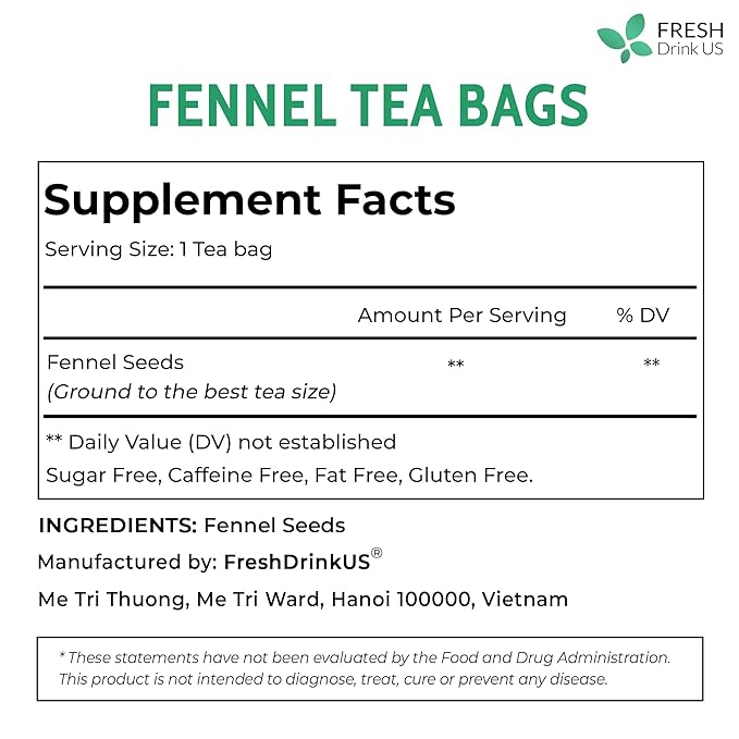 FreshDrinkUS, Premium 75 Fennel Tea Bags, 100% Natural & Pure from Fennel Seeds. Fennel Seed Herbal Tea. Fennel Seed Tea. Made with Natural Material Tea Bags. No Sugar, No Caffeine, No Gluten, Vegan.