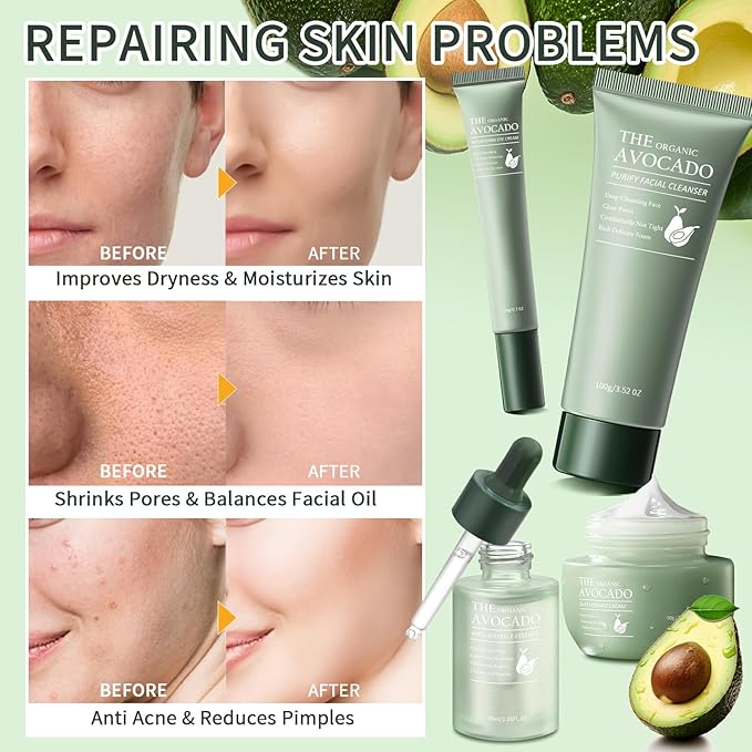 Avocado Skin Care Set, Skincare Gifts Kits For Hydrating Skin, Facial Kit For Women With Facial Cleanser, Serum, Face Cream, Eye Cream, Travel Skincare Set.(4 Pieces)