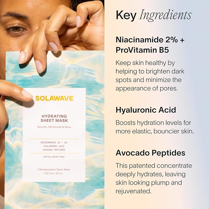 Solawave Hydrating Sheet Mask, Anti Aging Face Mask with Niacinamide, Hydrating Face Mask with Hyaluronic Acid, Moisturizing Face Masks (1 Pack)