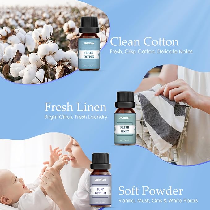 Clean Essential Oils Set, ARVIDSSON Natural Fragrance Oil for Diffuser, Soap Making - Clean Cotton, Fresh Linen, Lemongrass, Soft Powder, Blossom Soap