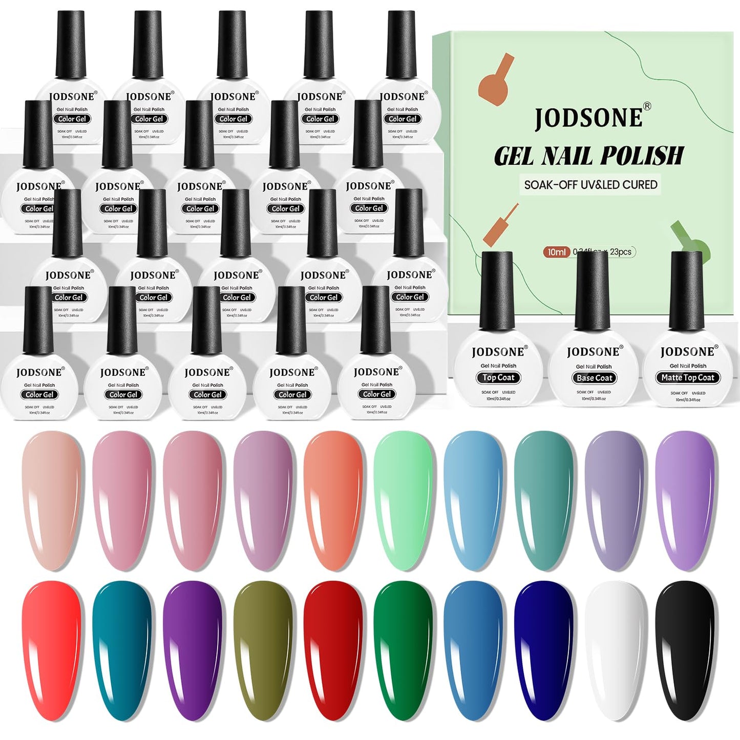 JODSONE Gel Nail Polish 20 Color Blue Red Matching Base Coat Glossy and Matte Top Coat 23 Bottles of 10ml Professional Nail Care Use