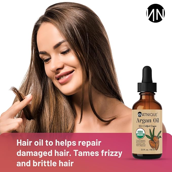 Argan Oil Organic 2oz 100% Natural USDA Argan Oil for Hair, Face, Body, Scalp & Skin. Promotes Hair Growth, Cold Pressed, 100% Pure Hexane Free Moisturizer - Men & Women