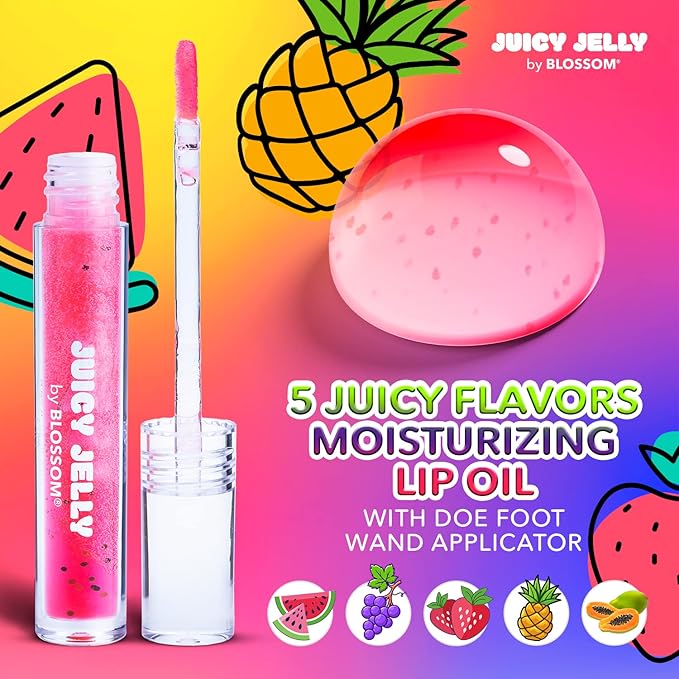 Blossom Juicy Jelly Moisturizing Lip Care Fruit Flavored Nourishing Lip Oil + pH Technology Color Changing Shimmering Lip Balm, 2 Pack Bundle, Strawberry/Electric Pink