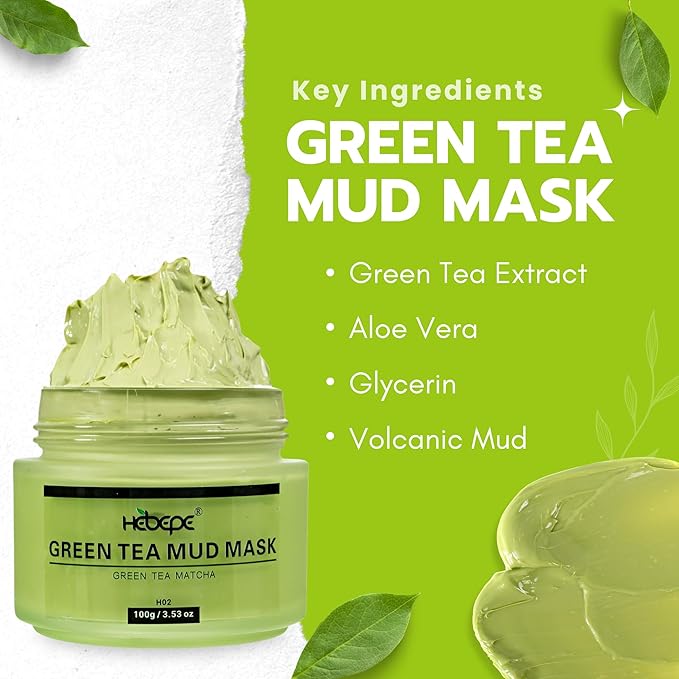 Green Tea Matcha Mud Mask with Aloe Vera, Deep Cleansing, Hydrating, and Relaxing Volcanic Clay Facial Mask