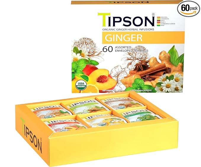 Tipson Organic Ginger Variety Sampler - 6 Flavors (60 Tea Bags), Herbal Tea Infusions - USDA Organic, Non GMO, and Gluten Free