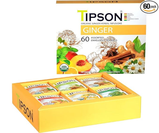 Tipson Organic Ginger Variety Sampler - 6 Flavors (60 Tea Bags), Herbal Tea Infusions - USDA Organic, Non GMO, and Gluten Free