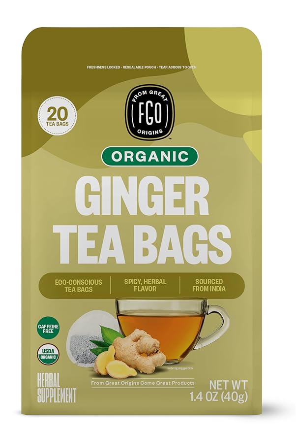 FGO Organic Ginger Tea, 20 Count, Eco-Conscious Tea Bags, Caffeine Free, Packaging May Vary (Pack of 1)