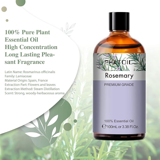 Rosemary 3.38fl.oz Essential Oil, PHATOIL Aromatherapy Essential Oils for Diffuser, Humidifier, Perfect for DIY Soap, Candle, Bath Bombs Making(100ml)