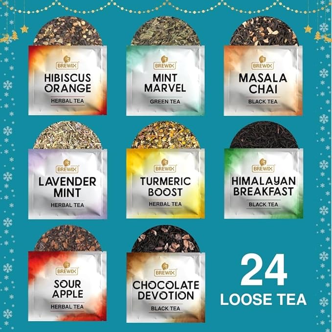 BREWIX, Tea Advent Calendar 2024 | 24 Loose Leaf Teas - Luxury Gift Box | Selection of 24 Delightful Black/Green Teas and Infusions | Christmas Gift Idea for Men and Women