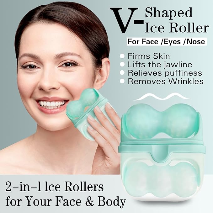 Ice Roller for Face and Eyes Facial Skin Care Tool 2-in-1 Ice Roller for Face & Eyes - Reduces Puffiness, Relieves Migraines, with Travel Case - Ideal Gift for Women (Green)